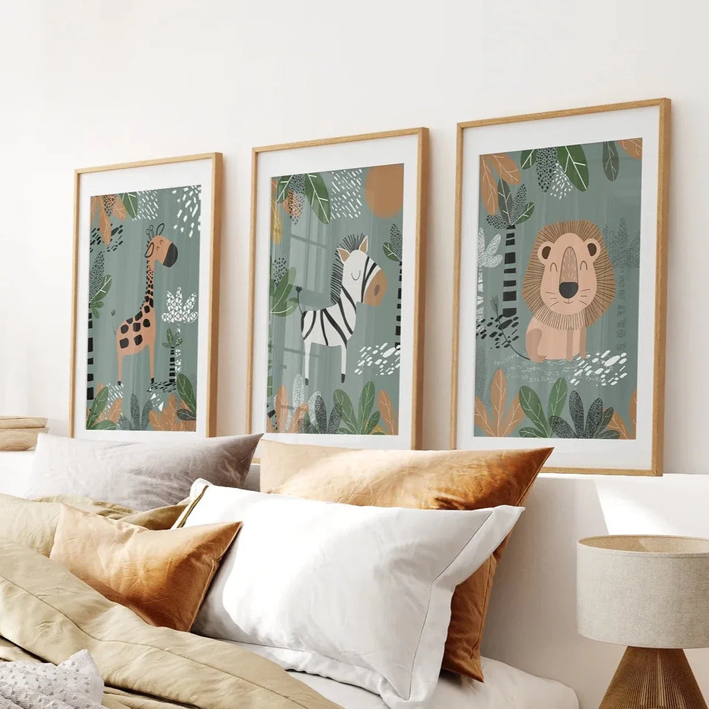 Safari Nursery Wall Art – Handcrafted Giraffe, Zebra & Lion Prints for Baby Room