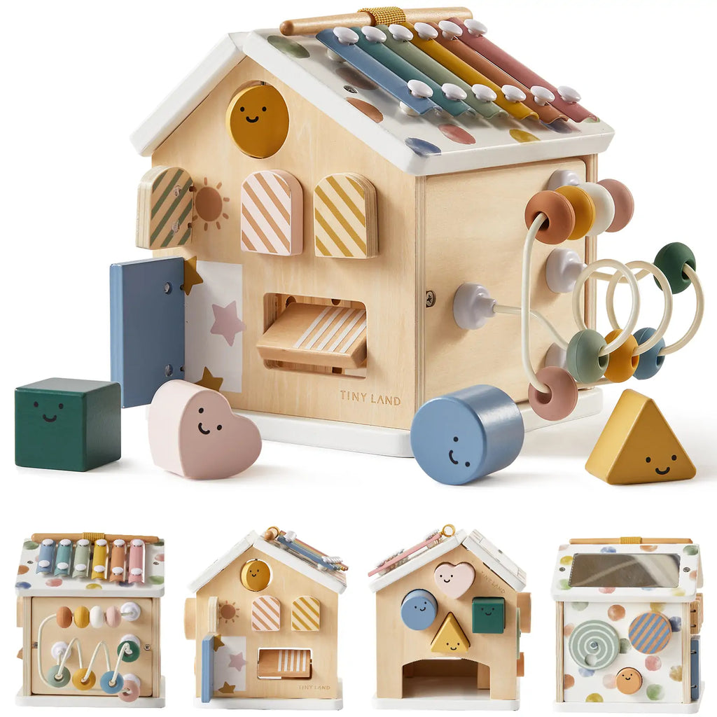 Tiny Land® Montessori Cottage Activity Cube in Morandi – 6-in-1 Sensory Learning Toy for Babies 6 Months+