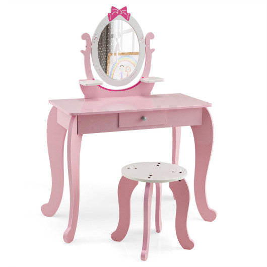 Kids Vanity Table & Stool Set with Oval Rotatable Mirror – 2-in-1 Girls Makeup & Study Desk in Pink