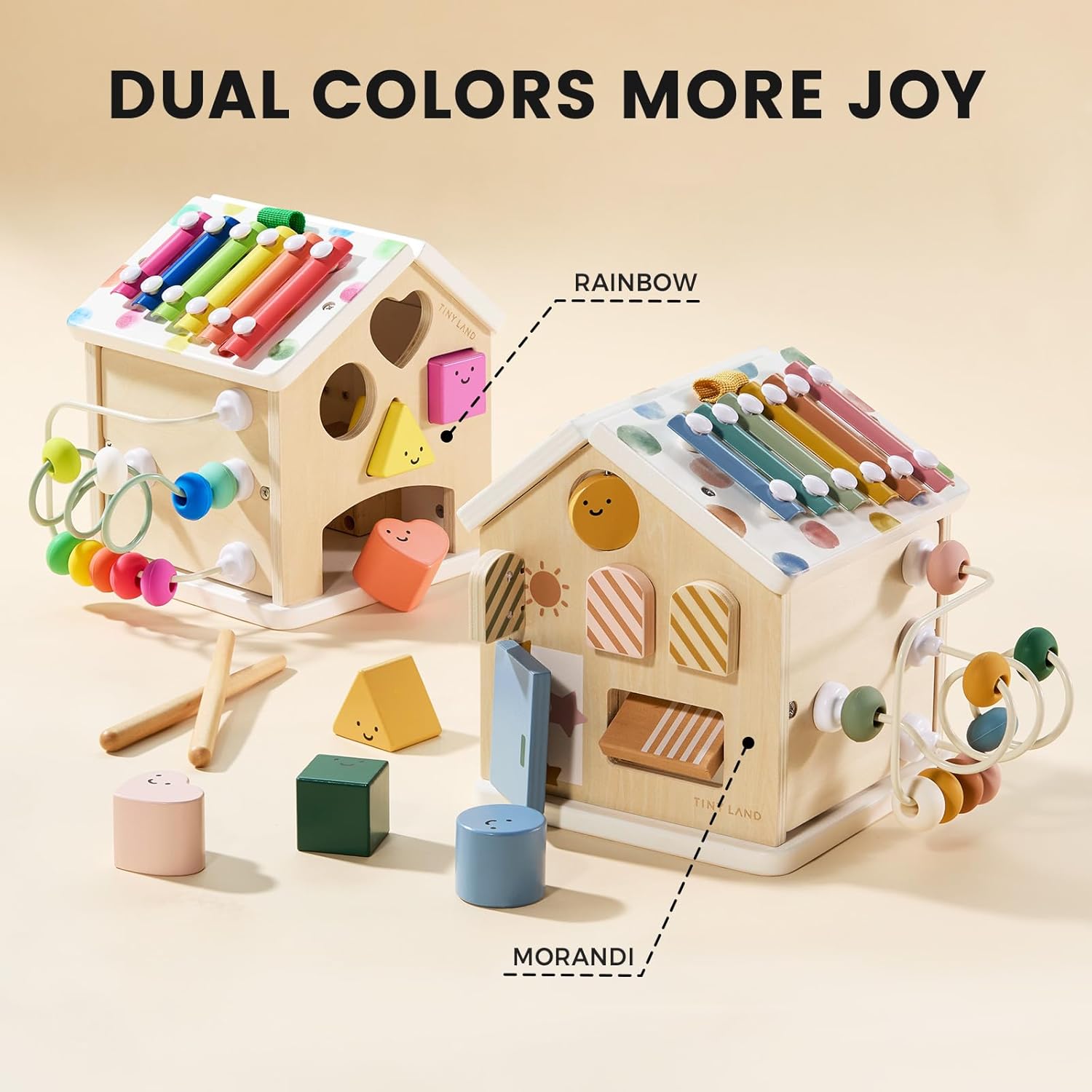 Tiny Land® Montessori Cottage Activity Cube in Morandi – 6-in-1 Sensory Learning Toy for Babies 6 Months+