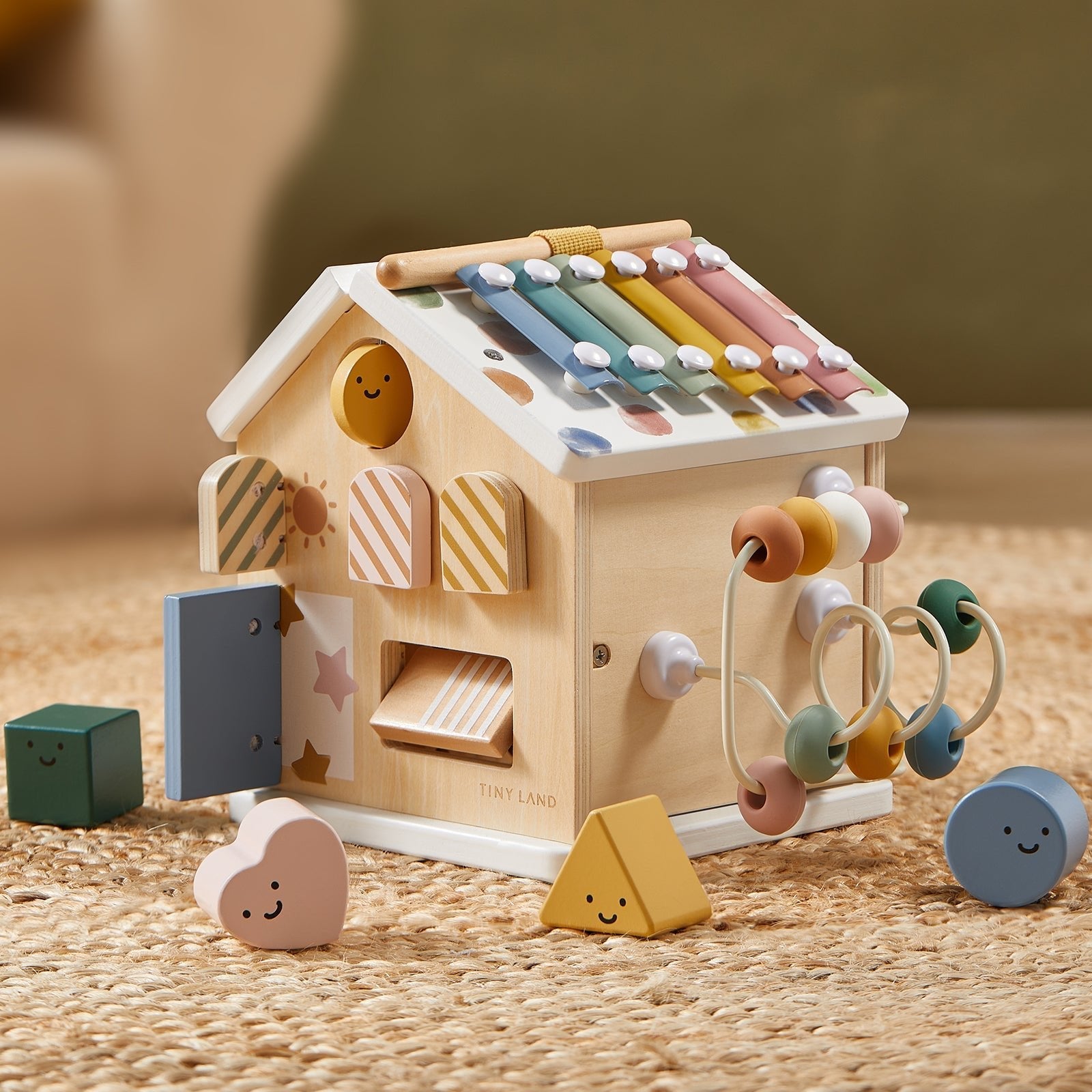 Tiny Land® Montessori Cottage Activity Cube in Morandi – 6-in-1 Sensory Learning Toy for Babies 6 Months+