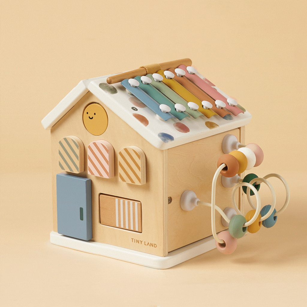 Tiny Land® Montessori Cottage Activity Cube in Morandi – 6-in-1 Sensory Learning Toy for Babies 6 Months+