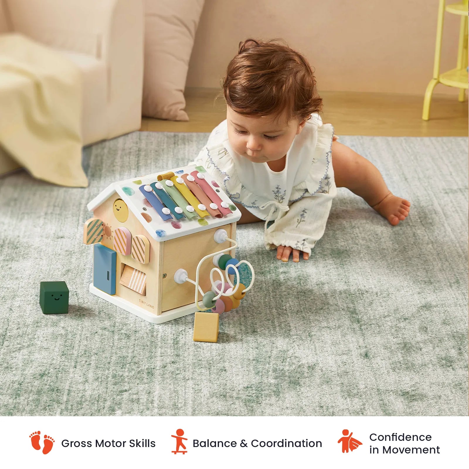 Tiny Land® Montessori Cottage Activity Cube in Morandi – 6-in-1 Sensory Learning Toy for Babies 6 Months+