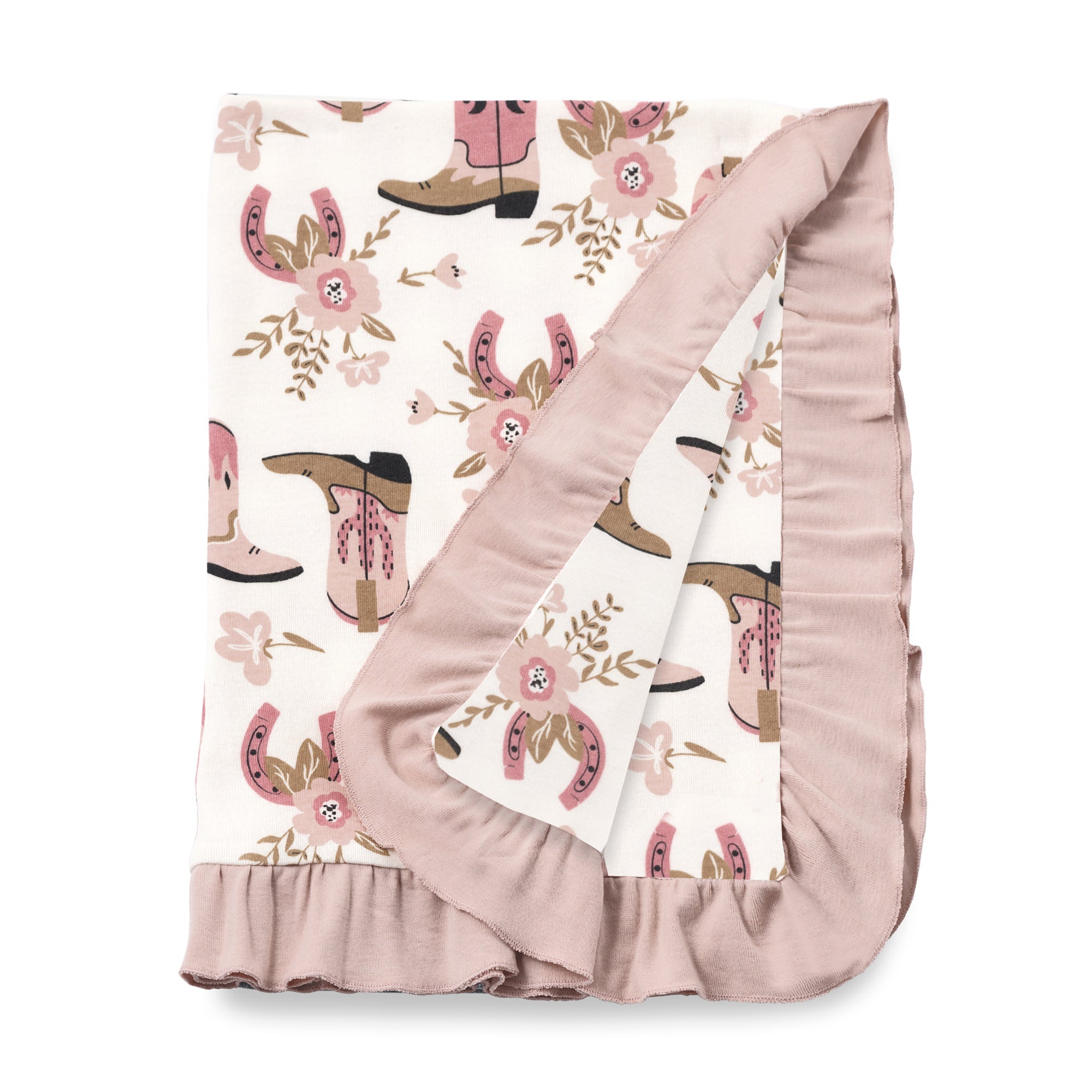 Western Cowgirl Boots Baby Stroller Blanket – Soft Bamboo Cotton Blend with Ruffle Trim, 30x22"