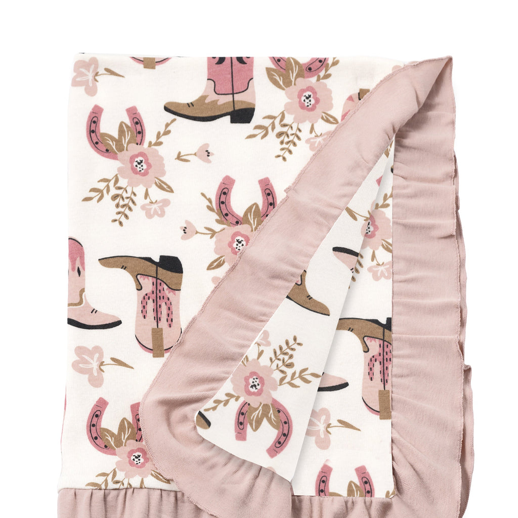 Western Cowgirl Boots Baby Stroller Blanket – Soft Bamboo Cotton Blend with Ruffle Trim, 30x22"