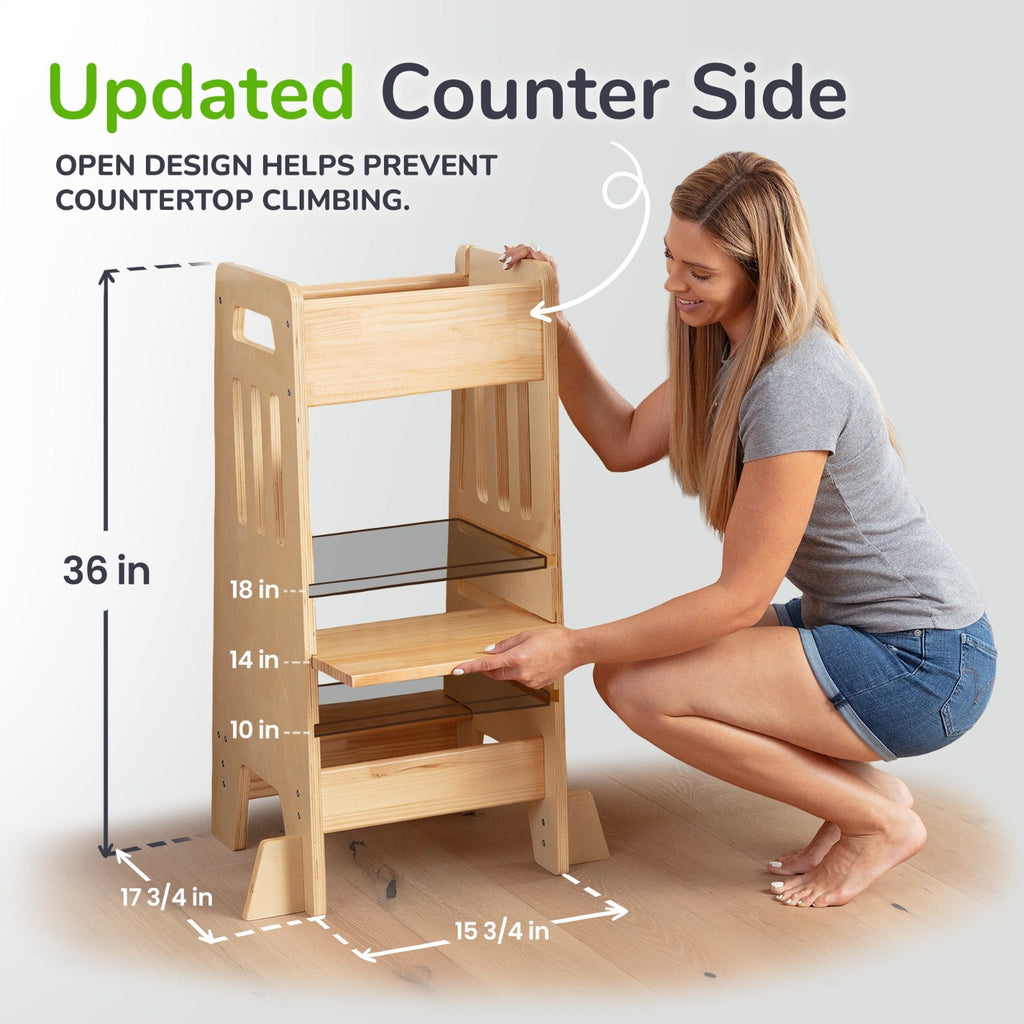 Montessori Toddler Tower with Sliding Safety Door – Adjustable Learning Tower for Kids in 5 Colors