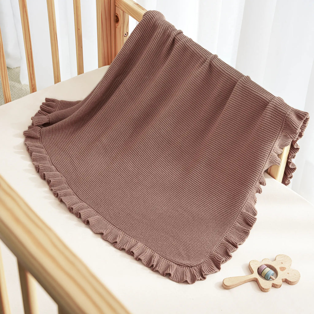 Ruffled Edge Knit Baby Blanket – Soft Boho Nursery Blanket in Mocha