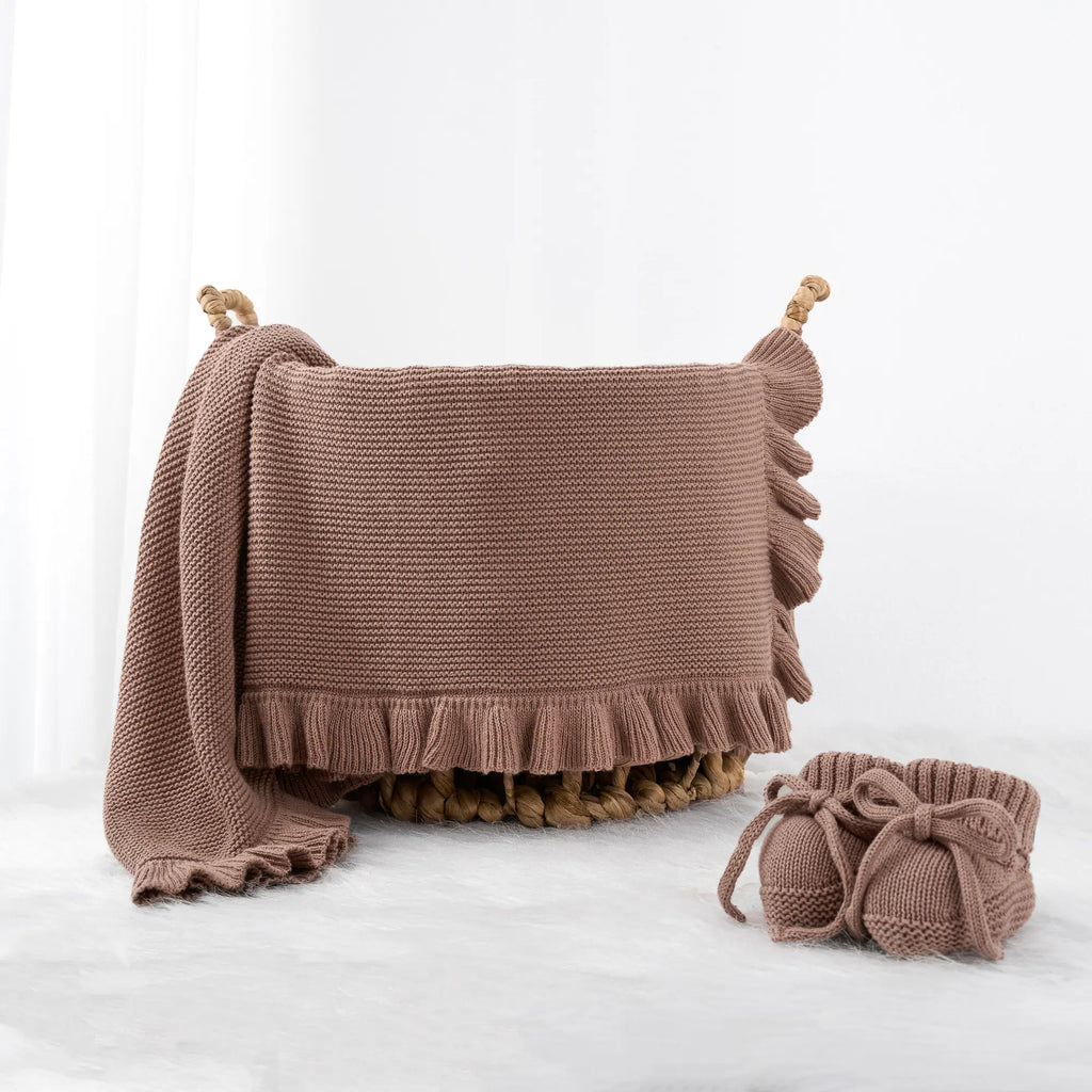 Ruffled Edge Knit Baby Blanket – Soft Boho Nursery Blanket in Mocha