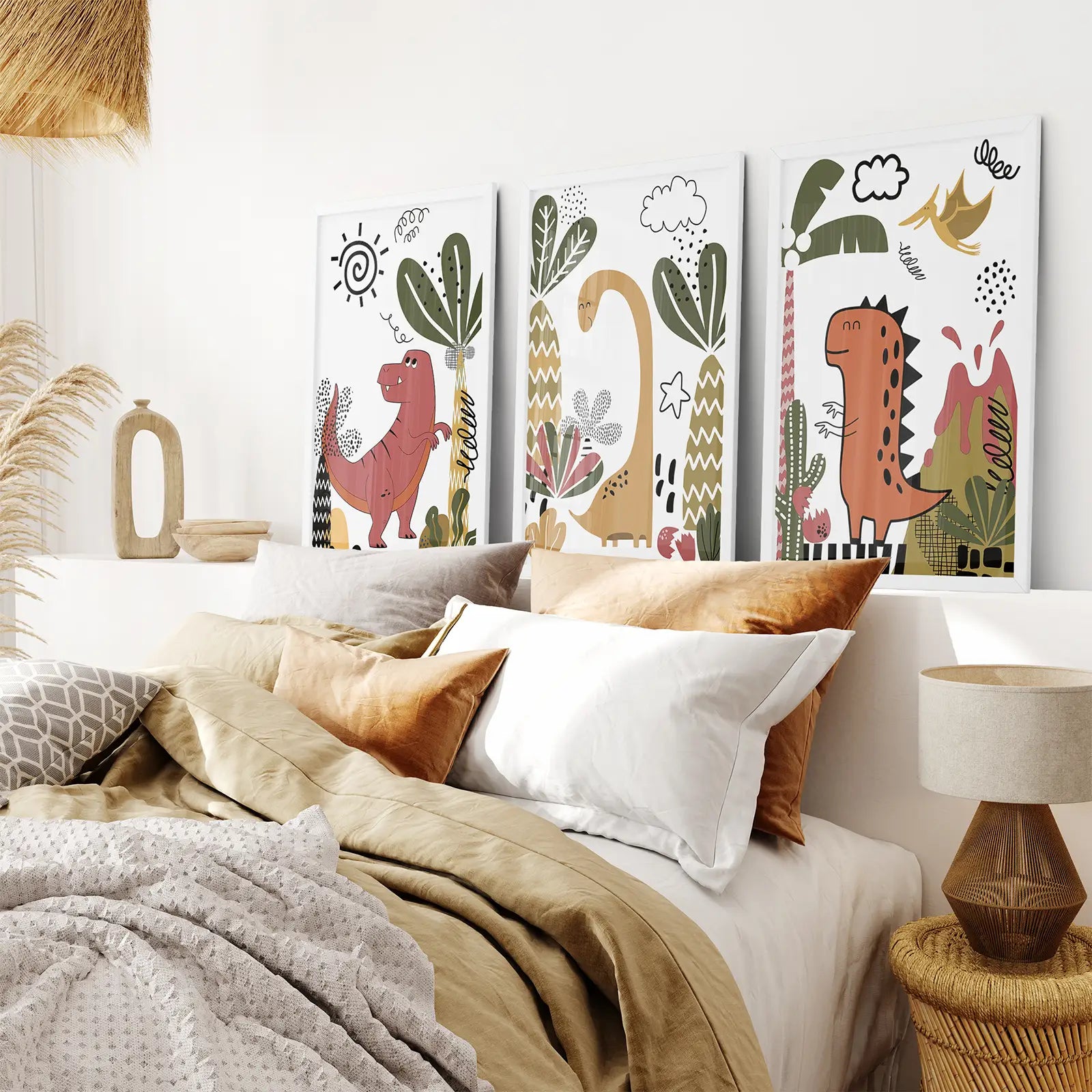 Cute Dinosaur Wall Art Set of 3 – Boys Nursery & Kids Room Decor | T-Rex, Brontosaurus & Stegosaurus Prints
