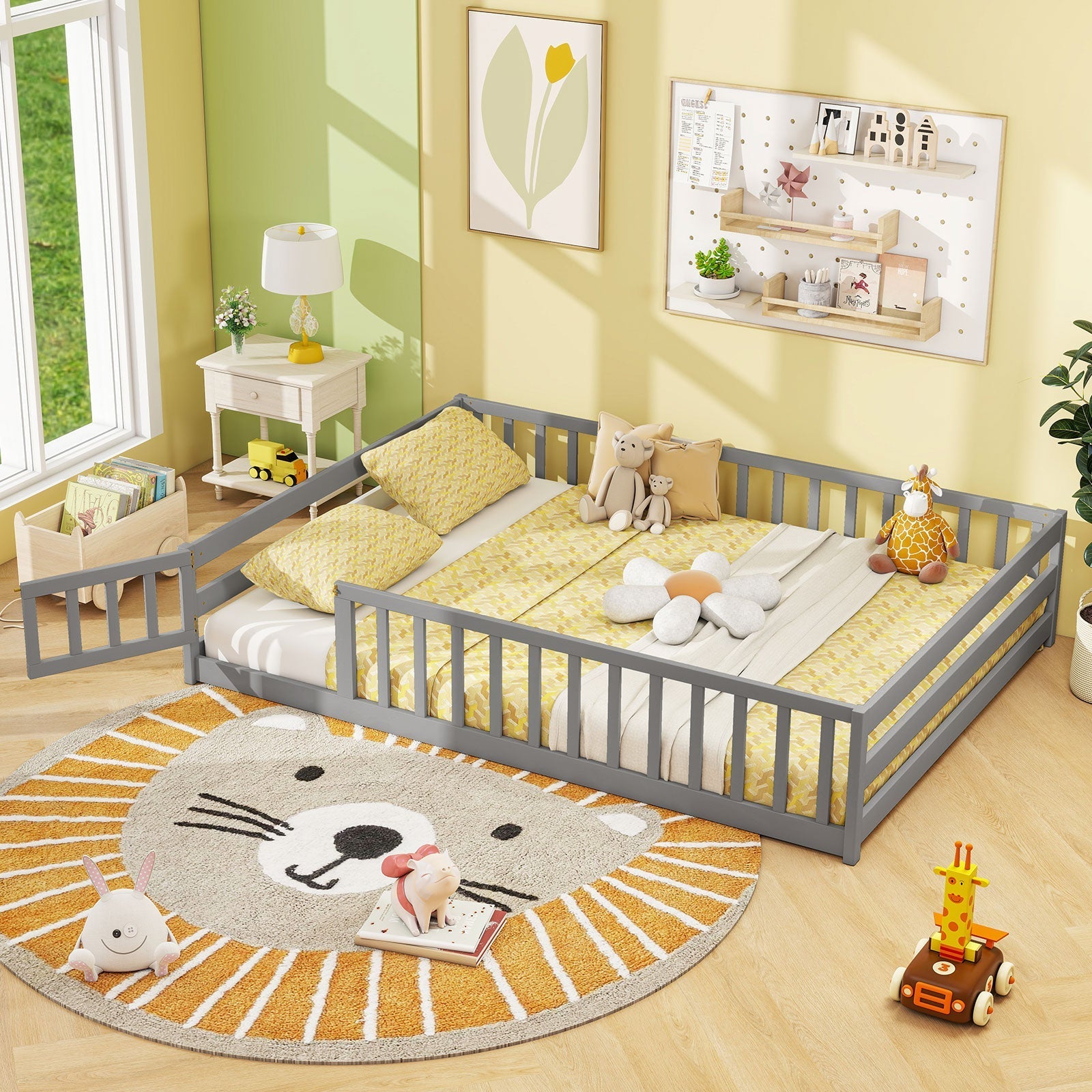 Montessori Full Size Floor Bed with Full-Length Safety Guardrails – Solid Wood Kids Bed Frame with Lockable Door
