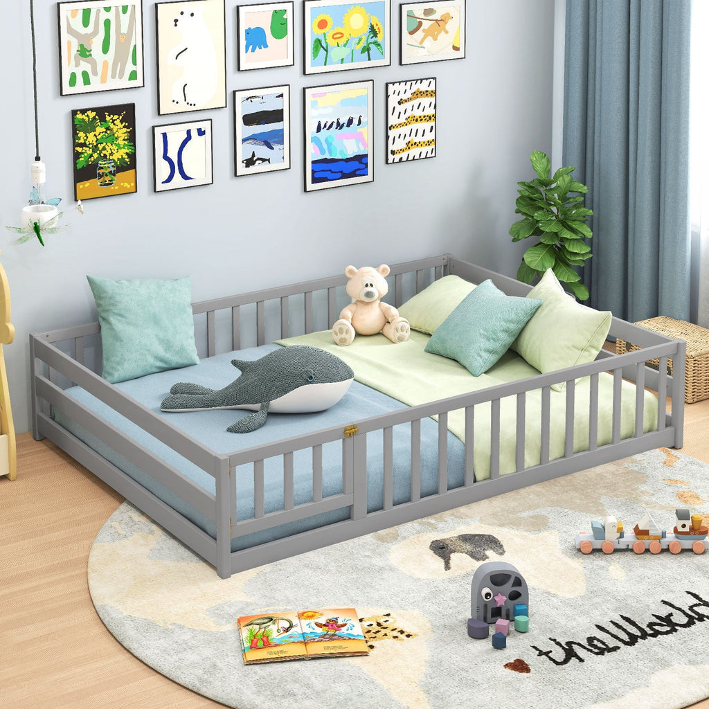 Montessori Full Size Floor Bed with Full-Length Safety Guardrails – Solid Wood Kids Bed Frame with Lockable Door