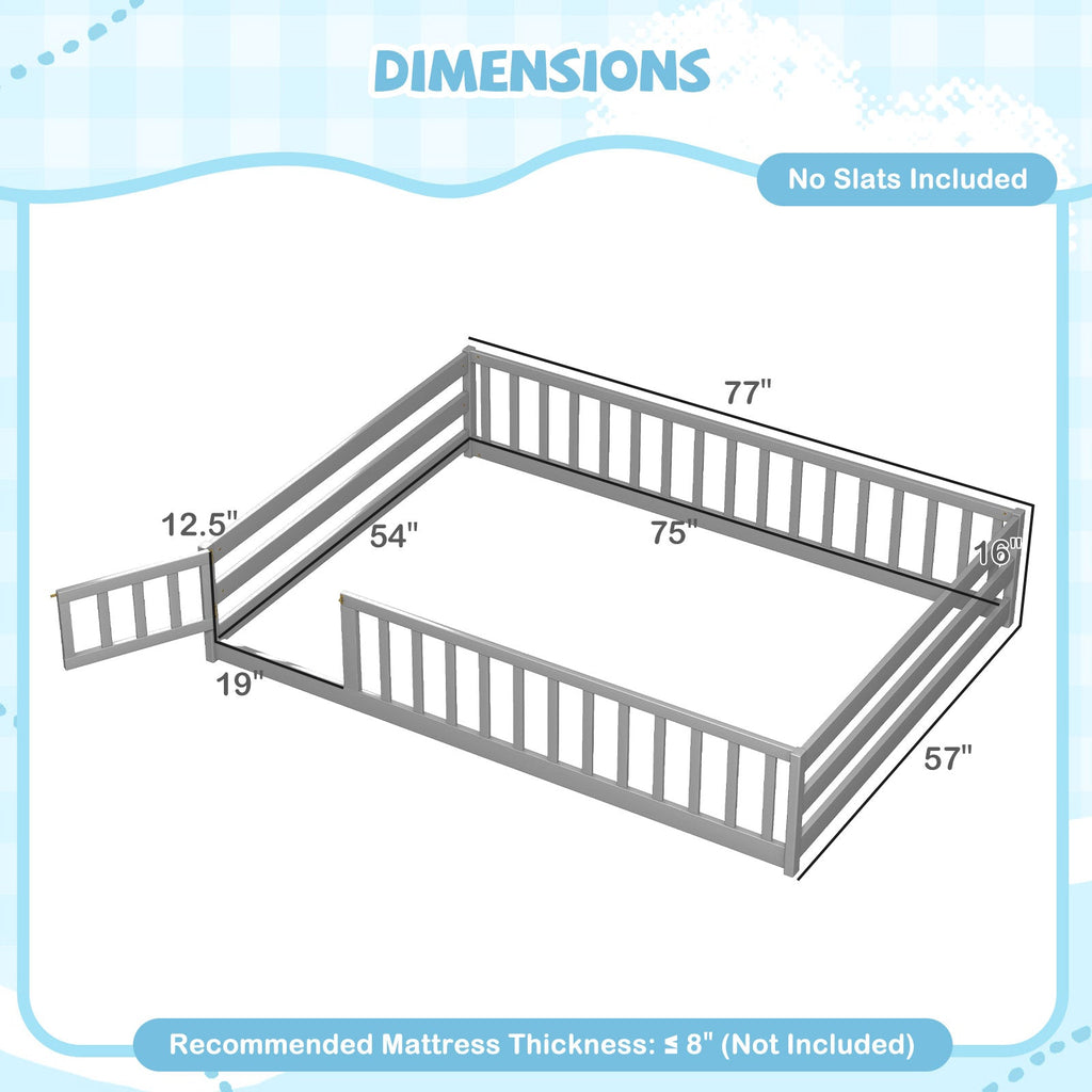 Montessori Full Size Floor Bed with Full-Length Safety Guardrails – Solid Wood Kids Bed Frame with Lockable Door