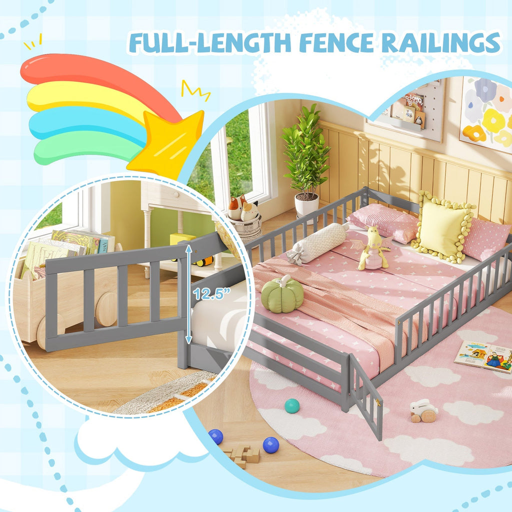 Montessori Full Size Floor Bed with Full-Length Safety Guardrails – Solid Wood Kids Bed Frame with Lockable Door