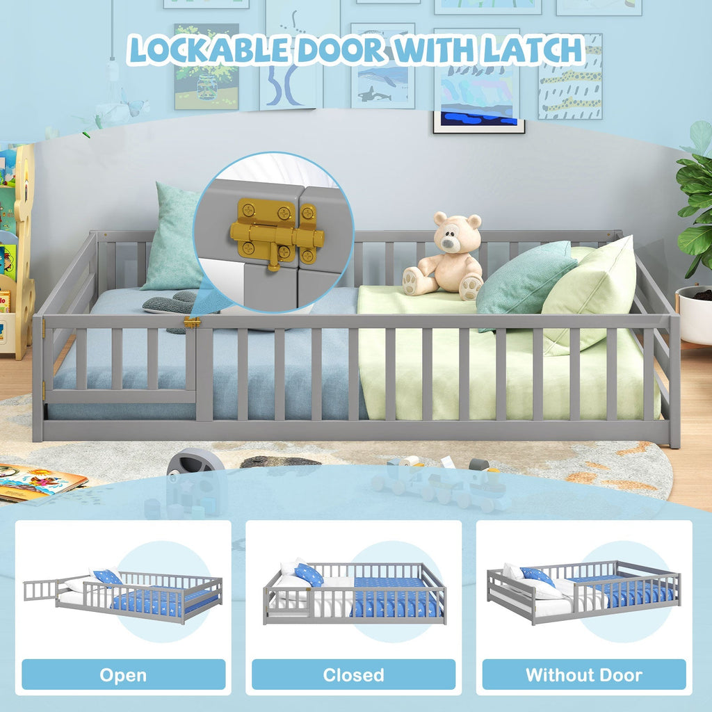 Montessori Full Size Floor Bed with Full-Length Safety Guardrails – Solid Wood Kids Bed Frame with Lockable Door
