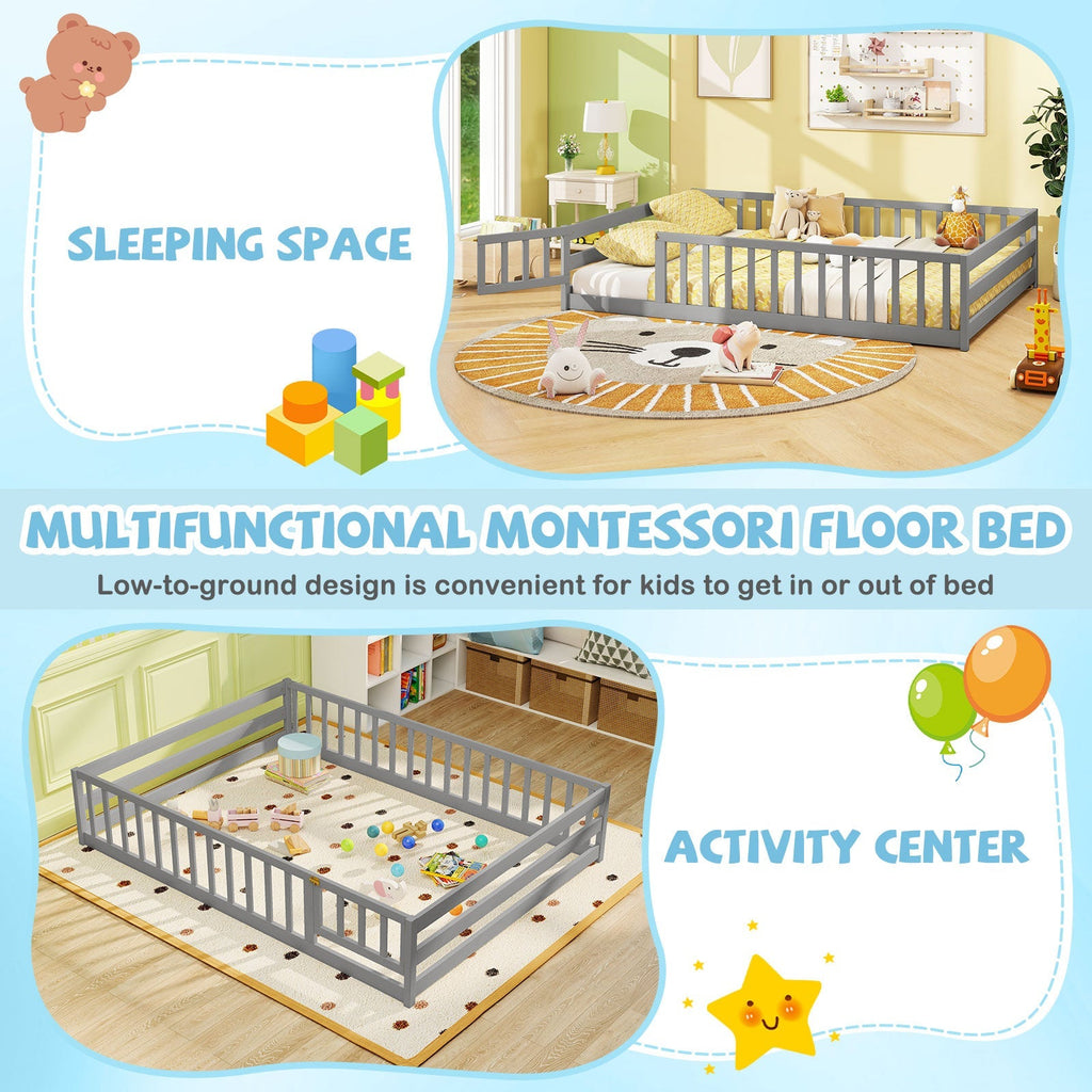 Montessori Full Size Floor Bed with Full-Length Safety Guardrails – Solid Wood Kids Bed Frame with Lockable Door