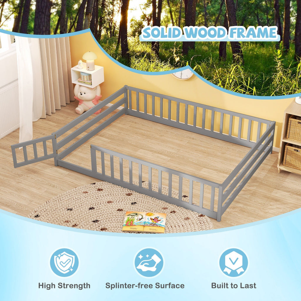 Montessori Full Size Floor Bed with Full-Length Safety Guardrails – Solid Wood Kids Bed Frame with Lockable Door