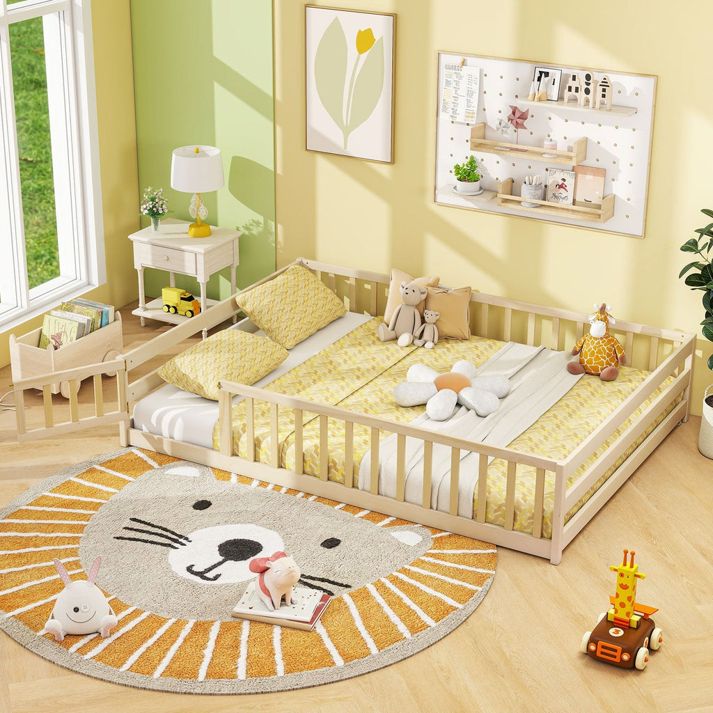 Montessori Full Size Floor Bed with Full-Length Safety Guardrails – Solid Wood Kids Bed Frame with Lockable Door