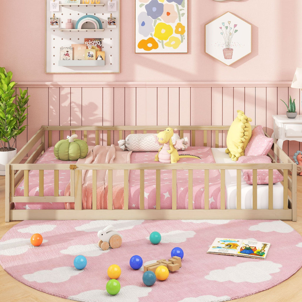 Montessori Full Size Floor Bed with Full-Length Safety Guardrails – Solid Wood Kids Bed Frame with Lockable Door
