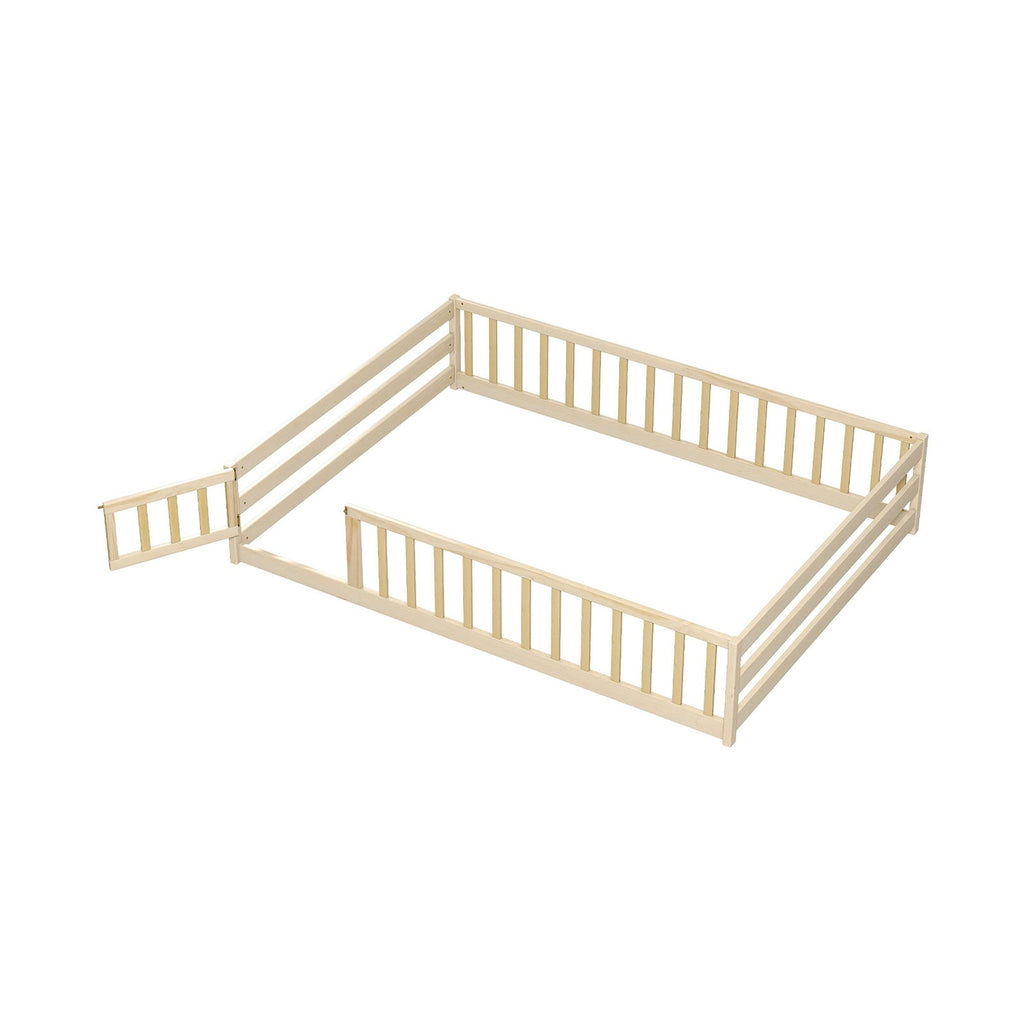 Montessori Full Size Floor Bed with Full-Length Safety Guardrails – Solid Wood Kids Bed Frame with Lockable Door