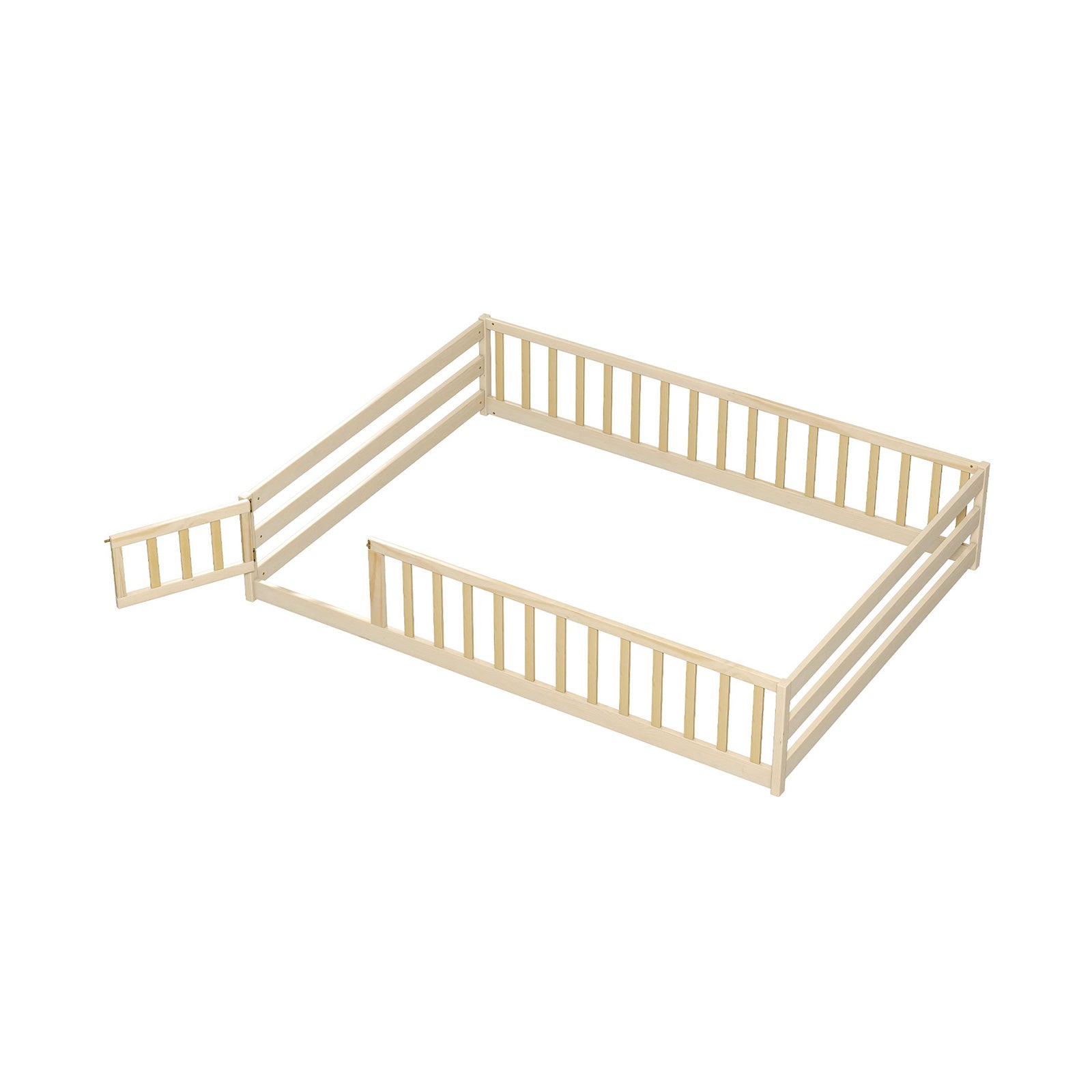 Montessori Full Size Floor Bed with Full-Length Safety Guardrails – Solid Wood Kids Bed Frame with Lockable Door