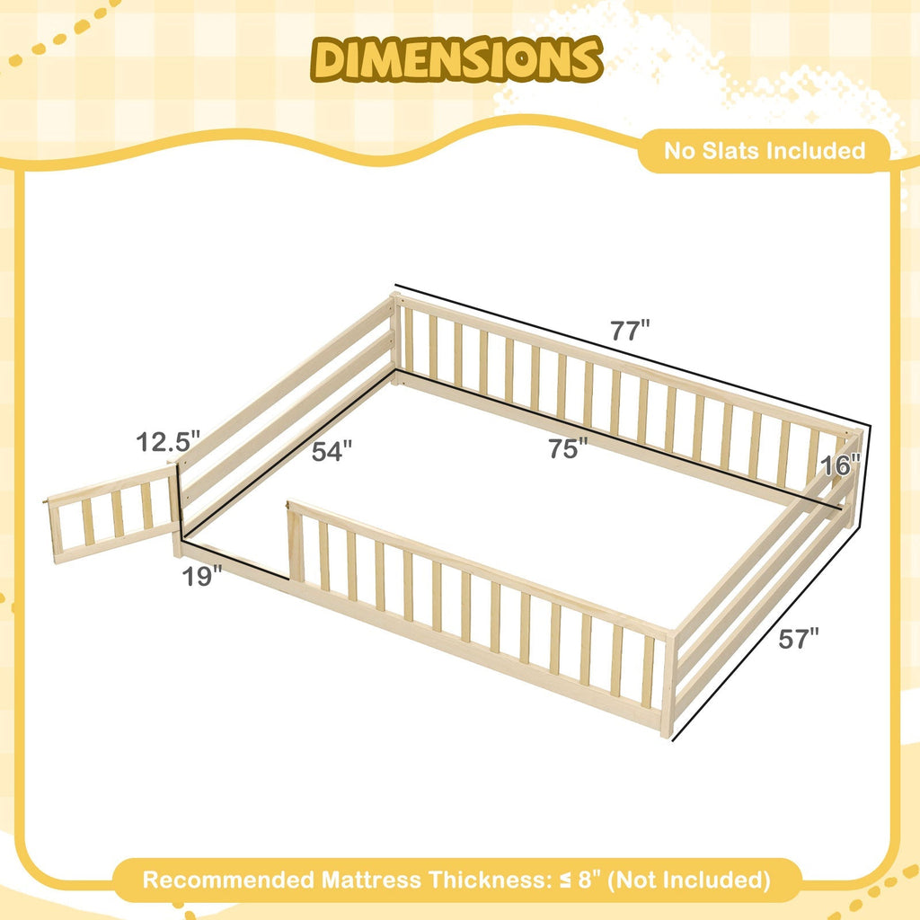 Montessori Full Size Floor Bed with Full-Length Safety Guardrails – Solid Wood Kids Bed Frame with Lockable Door