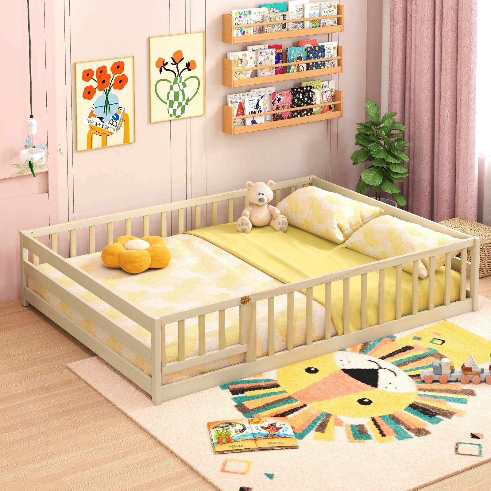 Montessori Full Size Floor Bed with Full-Length Safety Guardrails – Solid Wood Kids Bed Frame with Lockable Door