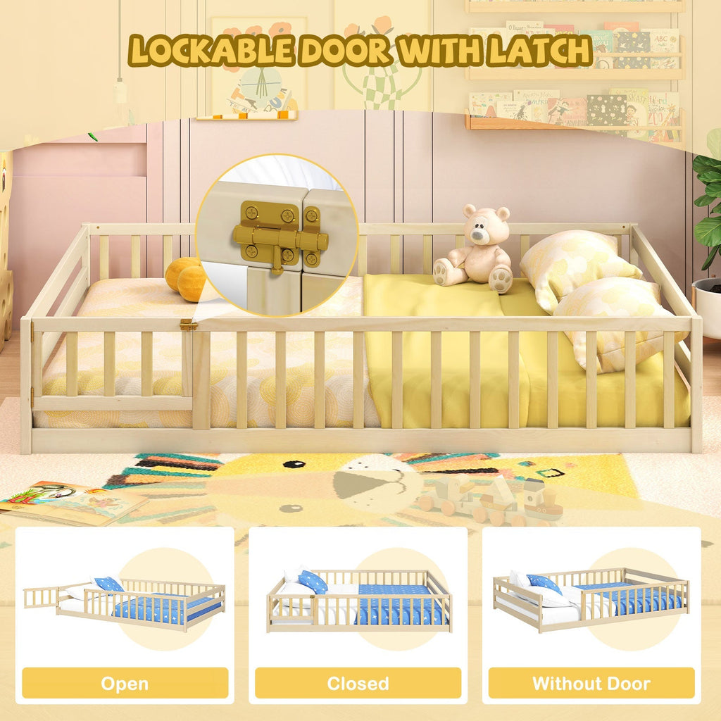 Montessori Full Size Floor Bed with Full-Length Safety Guardrails – Solid Wood Kids Bed Frame with Lockable Door