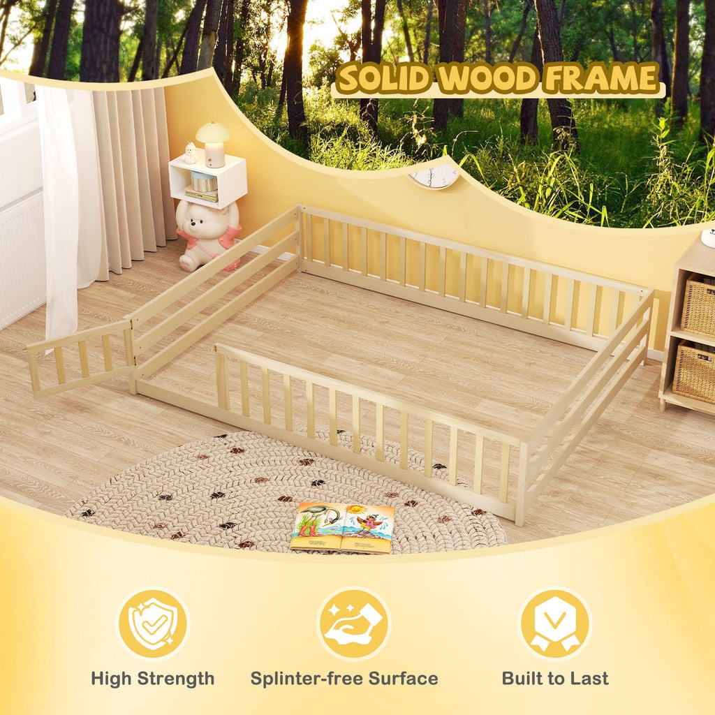 Montessori Full Size Floor Bed with Full-Length Safety Guardrails – Solid Wood Kids Bed Frame with Lockable Door