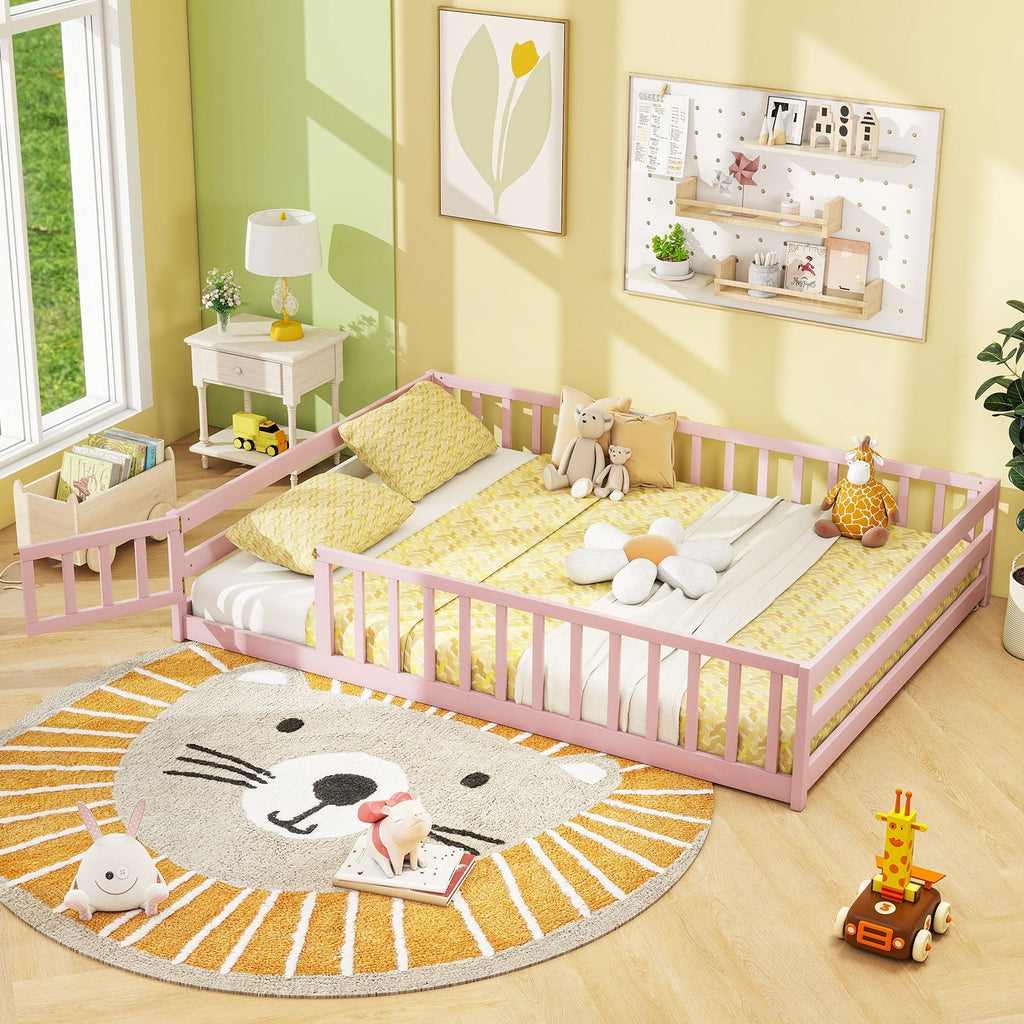 Montessori Full Size Floor Bed with Full-Length Safety Guardrails – Solid Wood Kids Bed Frame with Lockable Door