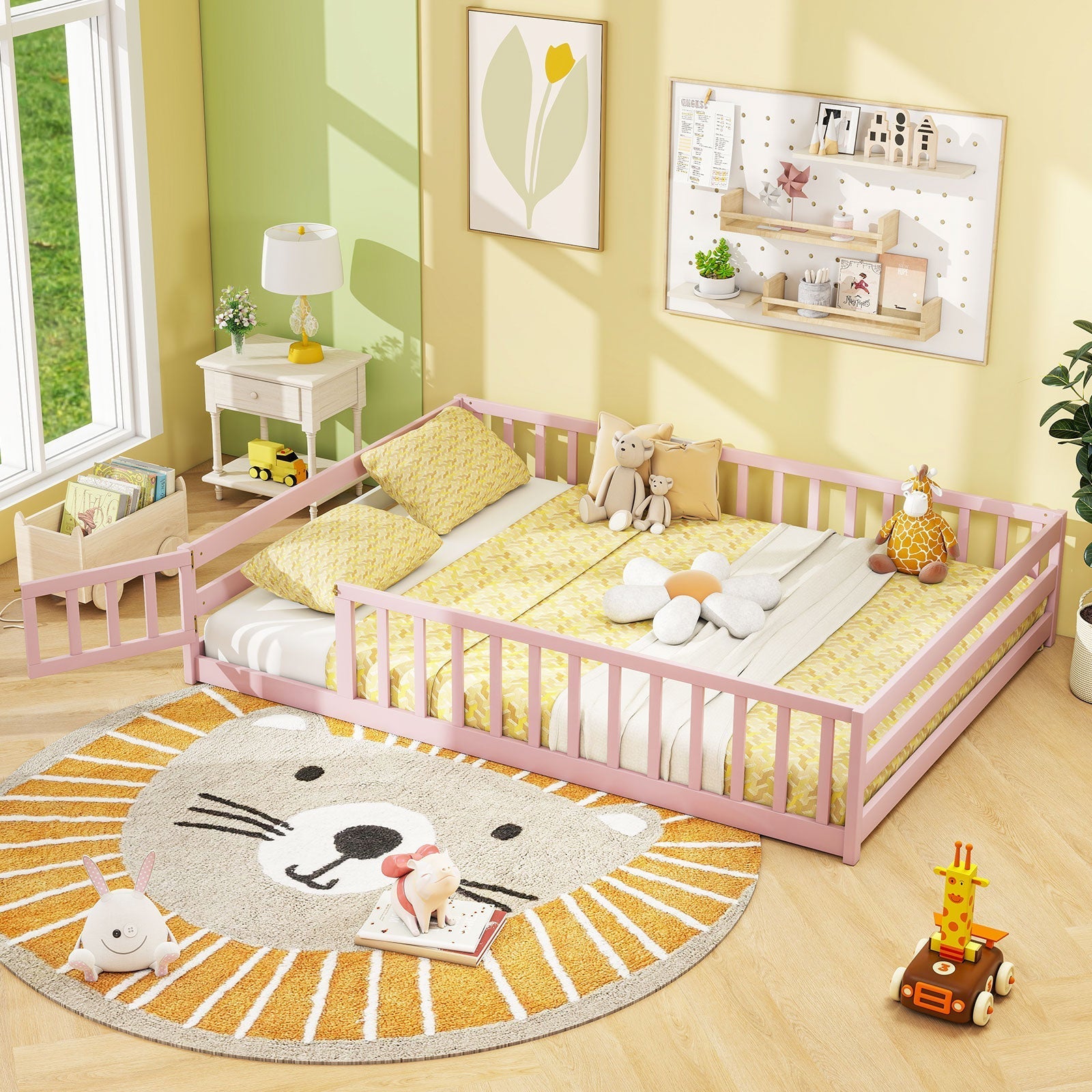 Montessori Full Size Floor Bed with Full-Length Safety Guardrails – Solid Wood Kids Bed Frame with Lockable Door