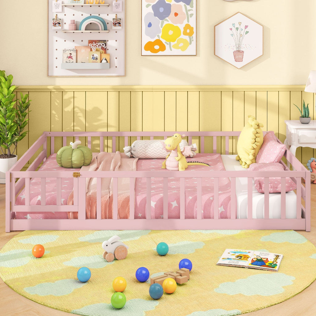 Montessori Full Size Floor Bed with Full-Length Safety Guardrails – Solid Wood Kids Bed Frame with Lockable Door