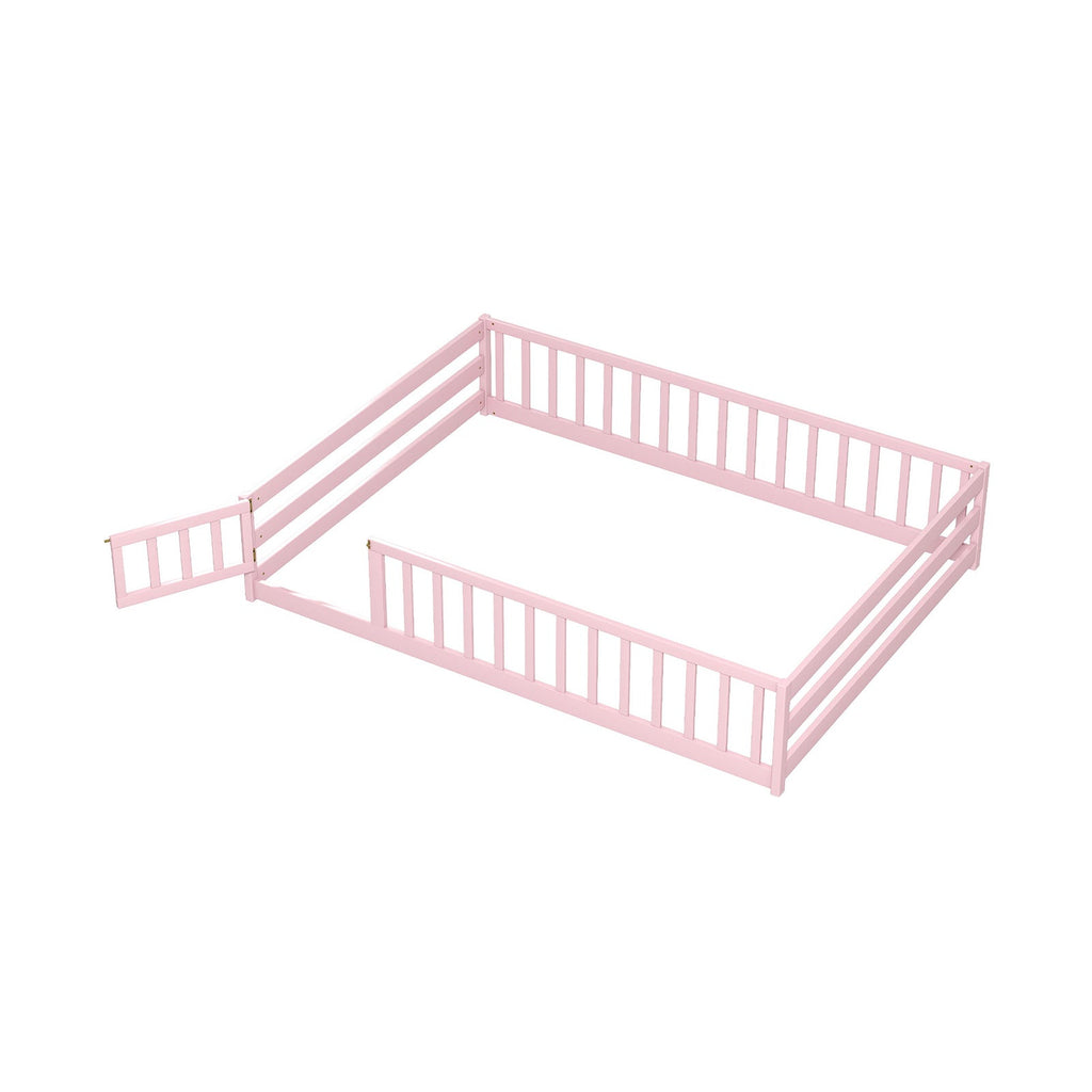 Montessori Full Size Floor Bed with Full-Length Safety Guardrails – Solid Wood Kids Bed Frame with Lockable Door