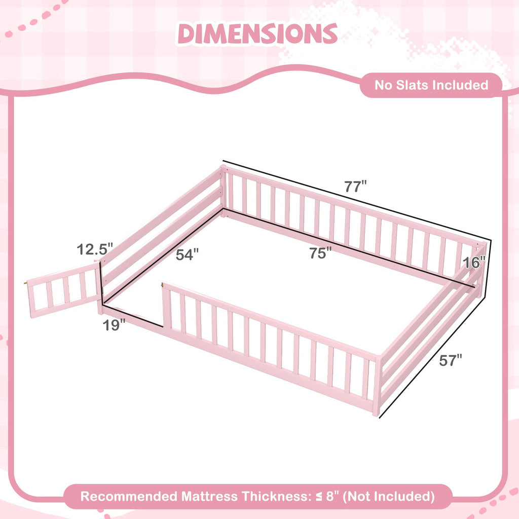 Montessori Full Size Floor Bed with Full-Length Safety Guardrails – Solid Wood Kids Bed Frame with Lockable Door