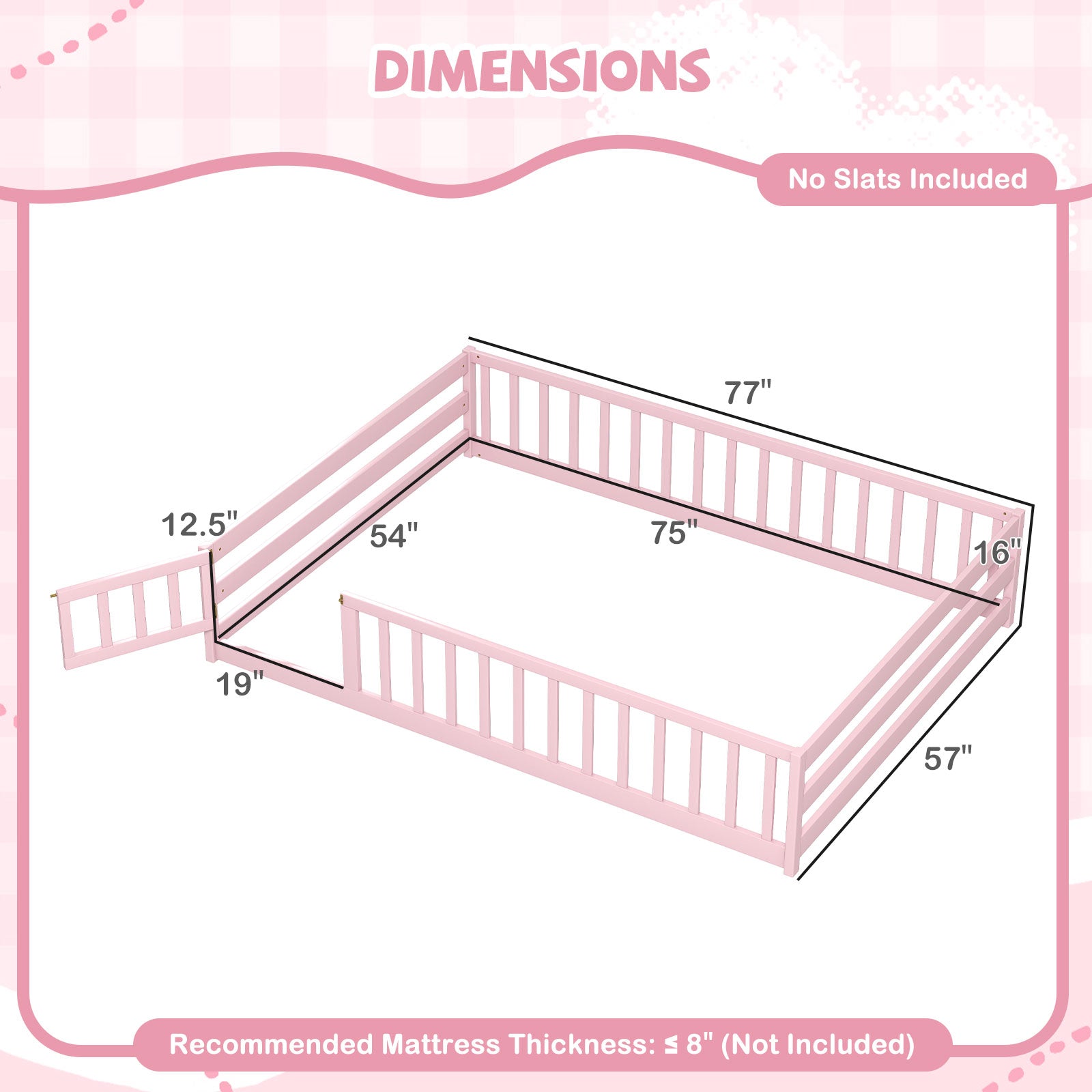 Montessori Full Size Floor Bed with Full-Length Safety Guardrails – Solid Wood Kids Bed Frame with Lockable Door