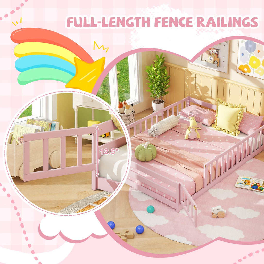 Montessori Full Size Floor Bed with Full-Length Safety Guardrails – Solid Wood Kids Bed Frame with Lockable Door