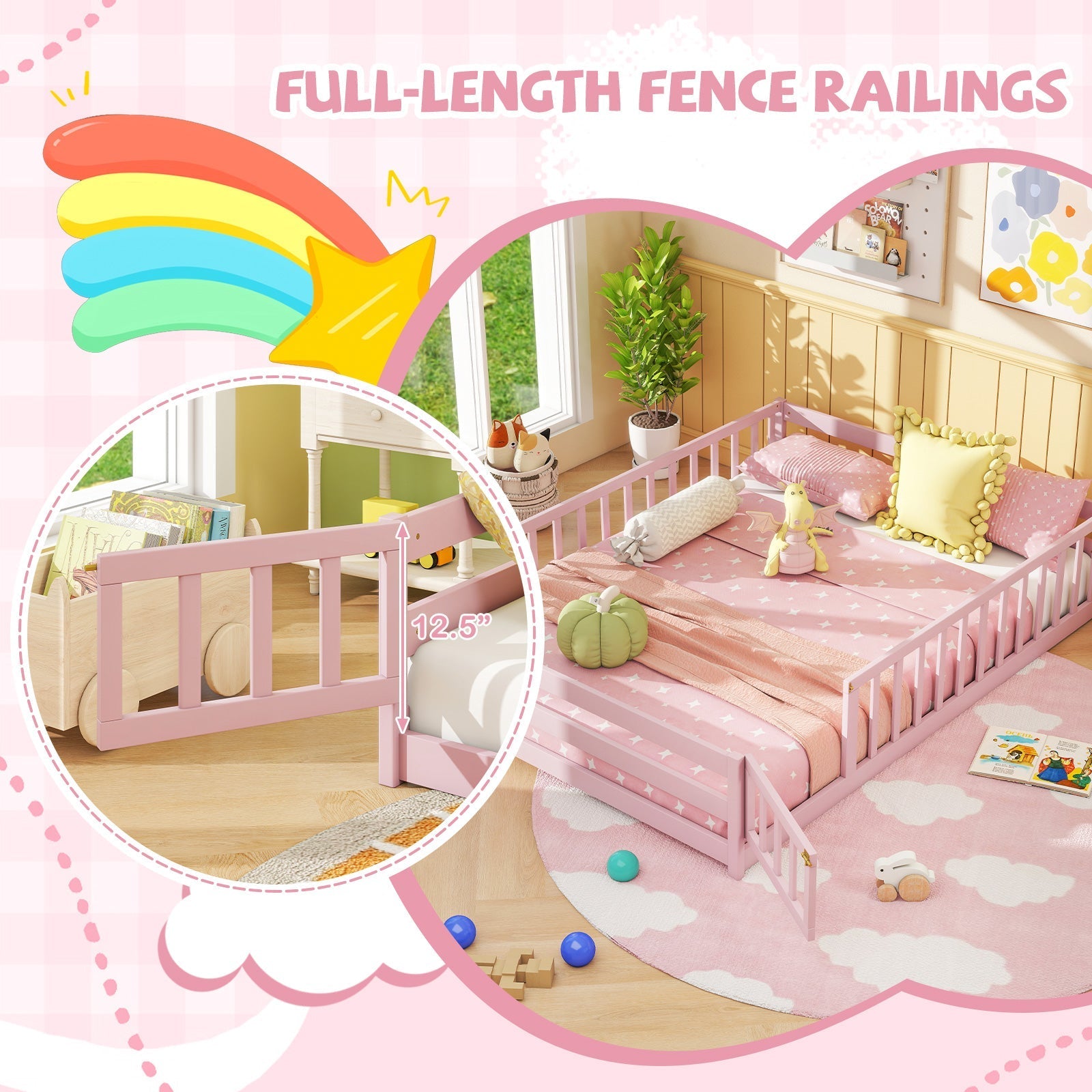 Montessori Full Size Floor Bed with Full-Length Safety Guardrails – Solid Wood Kids Bed Frame with Lockable Door