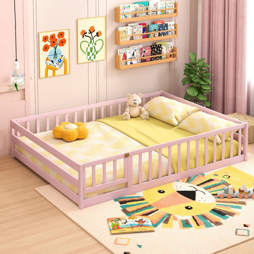 Montessori Full Size Floor Bed with Full-Length Safety Guardrails – Solid Wood Kids Bed Frame with Lockable Door