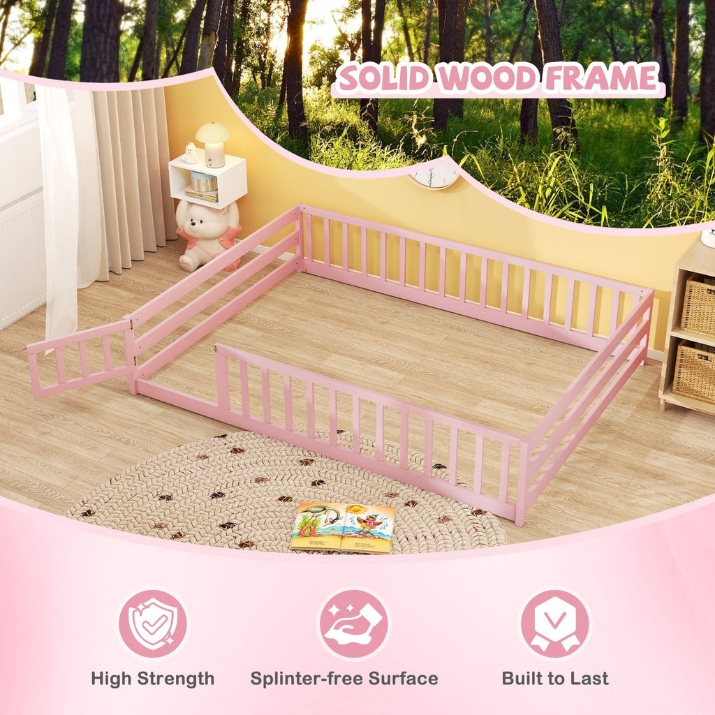 Montessori Full Size Floor Bed with Full-Length Safety Guardrails – Solid Wood Kids Bed Frame with Lockable Door