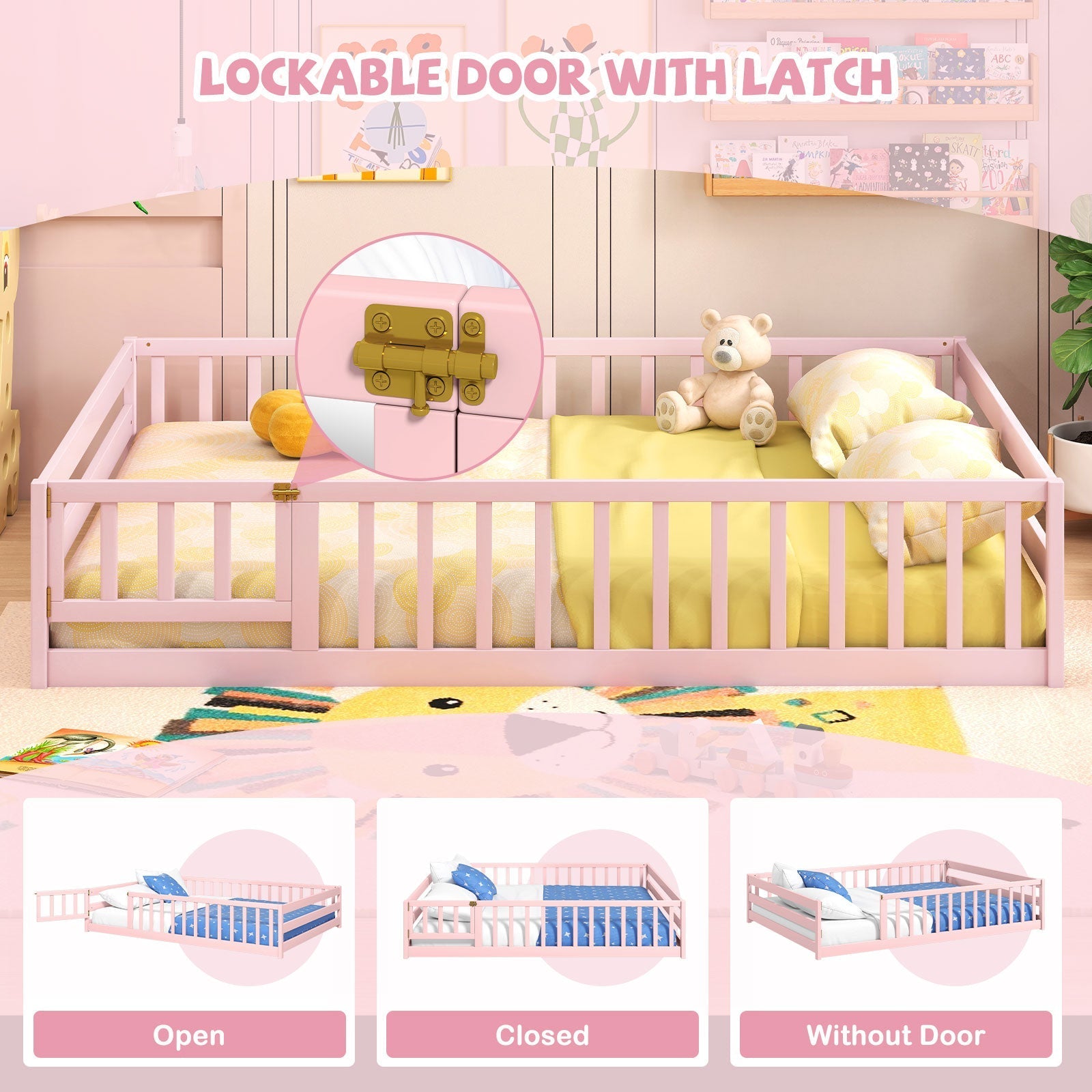 Montessori Full Size Floor Bed with Full-Length Safety Guardrails – Solid Wood Kids Bed Frame with Lockable Door