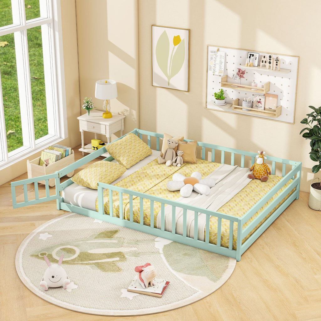 Montessori Full Size Floor Bed with Full-Length Safety Guardrails – Solid Wood Kids Bed Frame with Lockable Door