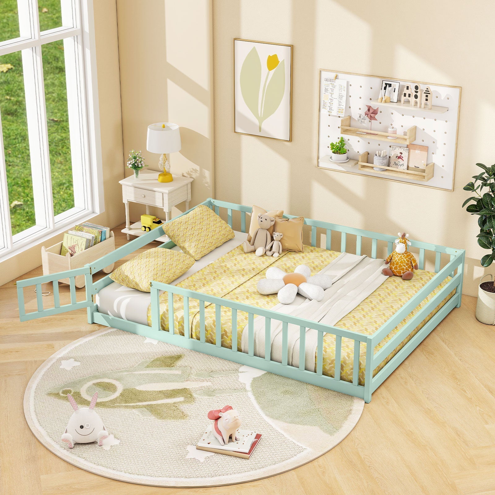 Montessori Full Size Floor Bed with Full-Length Safety Guardrails – Solid Wood Kids Bed Frame with Lockable Door