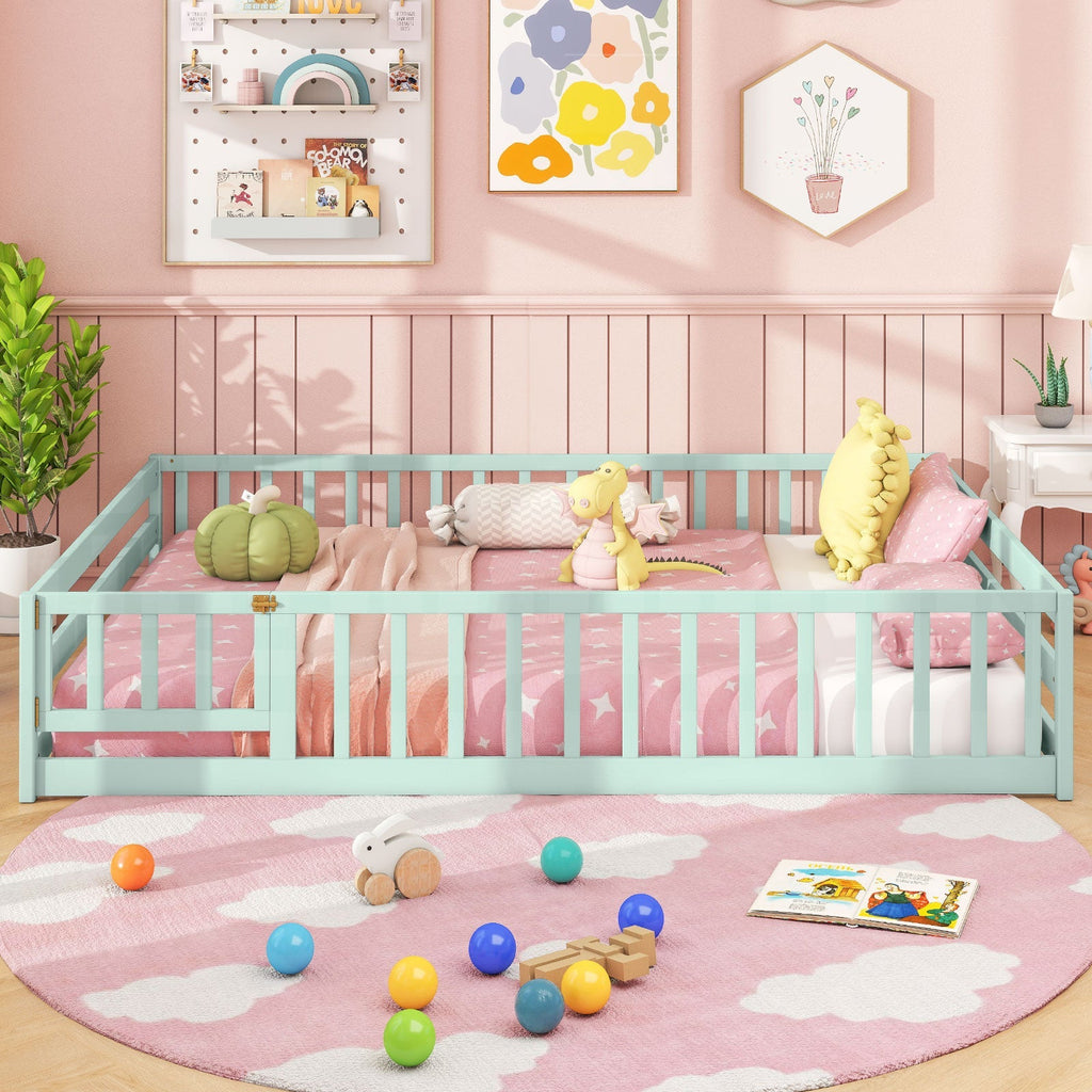 Montessori Full Size Floor Bed with Full-Length Safety Guardrails – Solid Wood Kids Bed Frame with Lockable Door