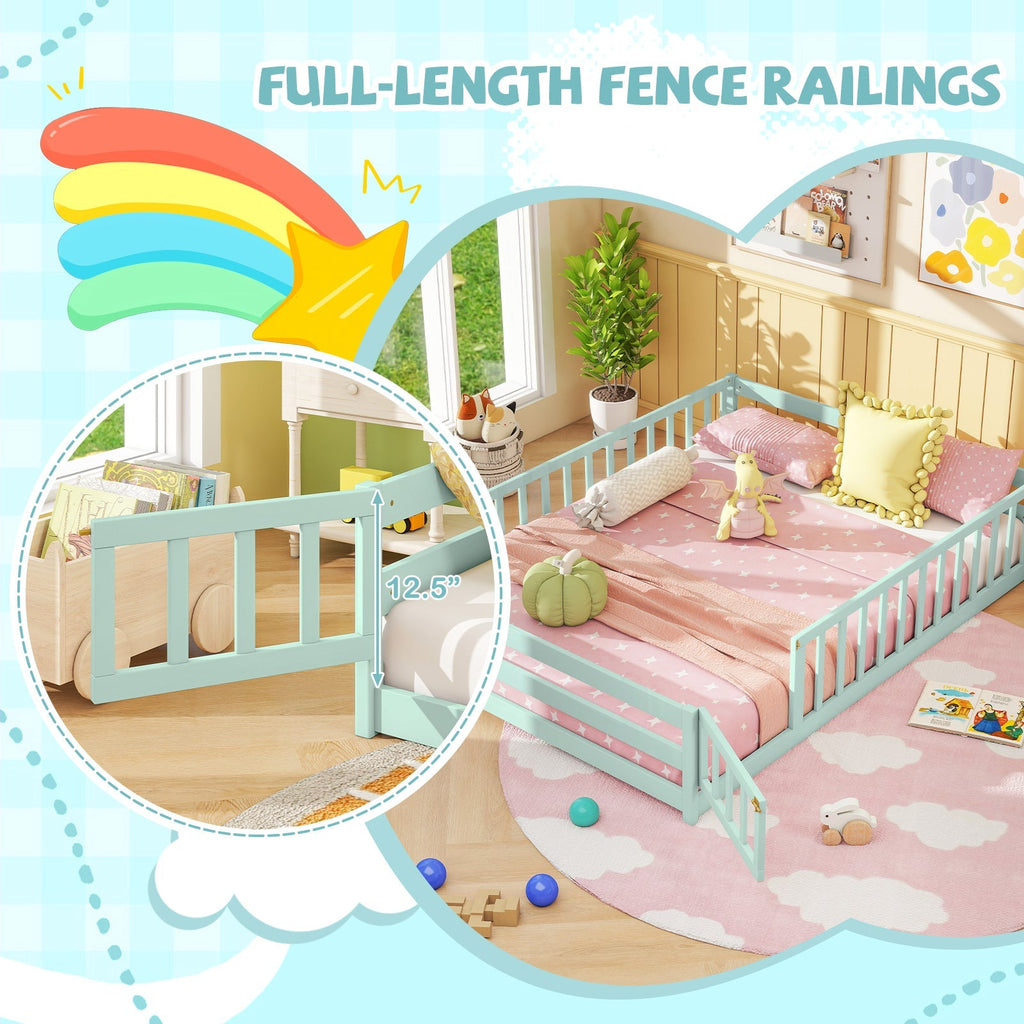 Montessori Full Size Floor Bed with Full-Length Safety Guardrails – Solid Wood Kids Bed Frame with Lockable Door