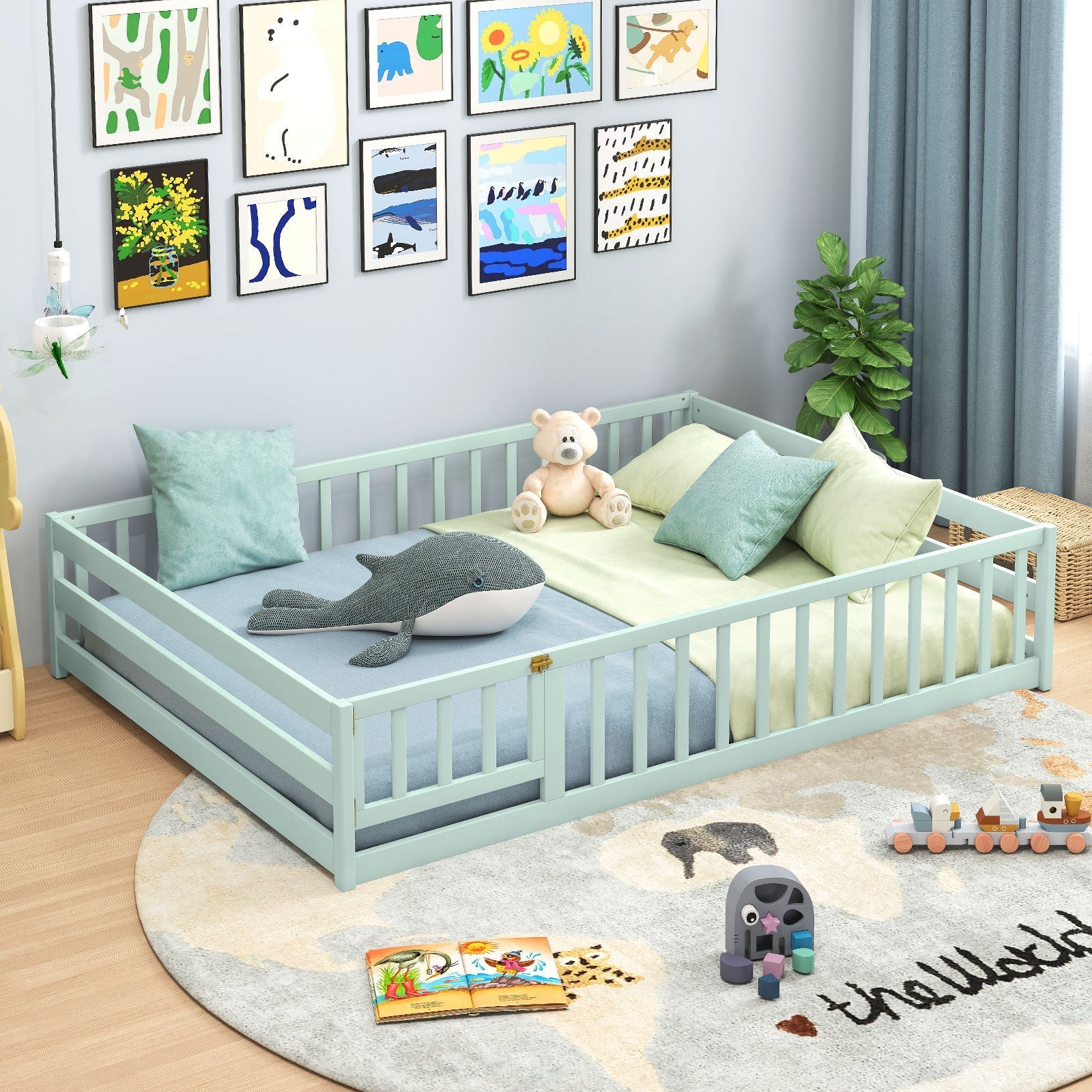 Montessori Full Size Floor Bed with Full-Length Safety Guardrails – Solid Wood Kids Bed Frame with Lockable Door