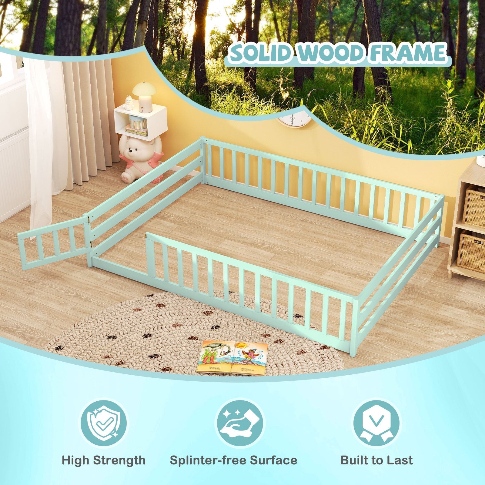 Montessori Full Size Floor Bed with Full-Length Safety Guardrails – Solid Wood Kids Bed Frame with Lockable Door