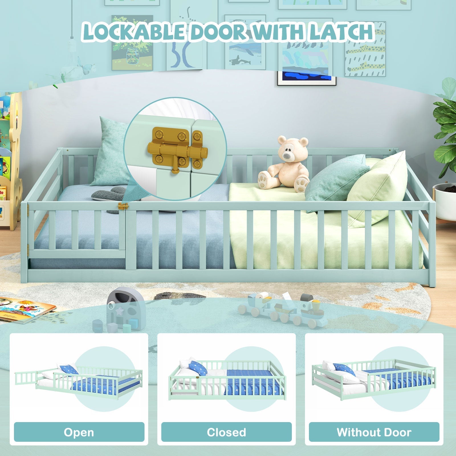 Montessori Full Size Floor Bed with Full-Length Safety Guardrails – Solid Wood Kids Bed Frame with Lockable Door