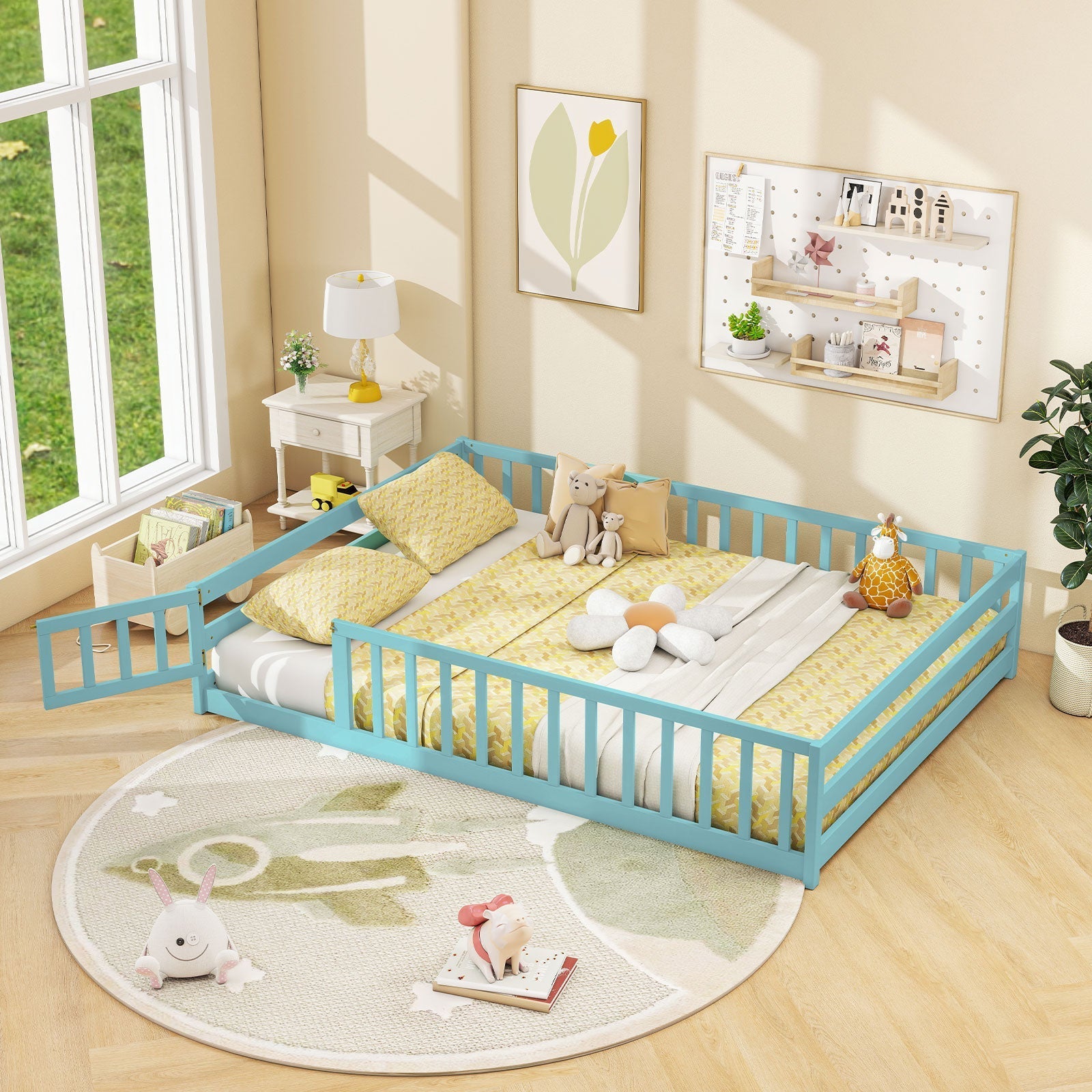 Montessori Full Size Floor Bed with Full-Length Safety Guardrails – Solid Wood Kids Bed Frame with Lockable Door