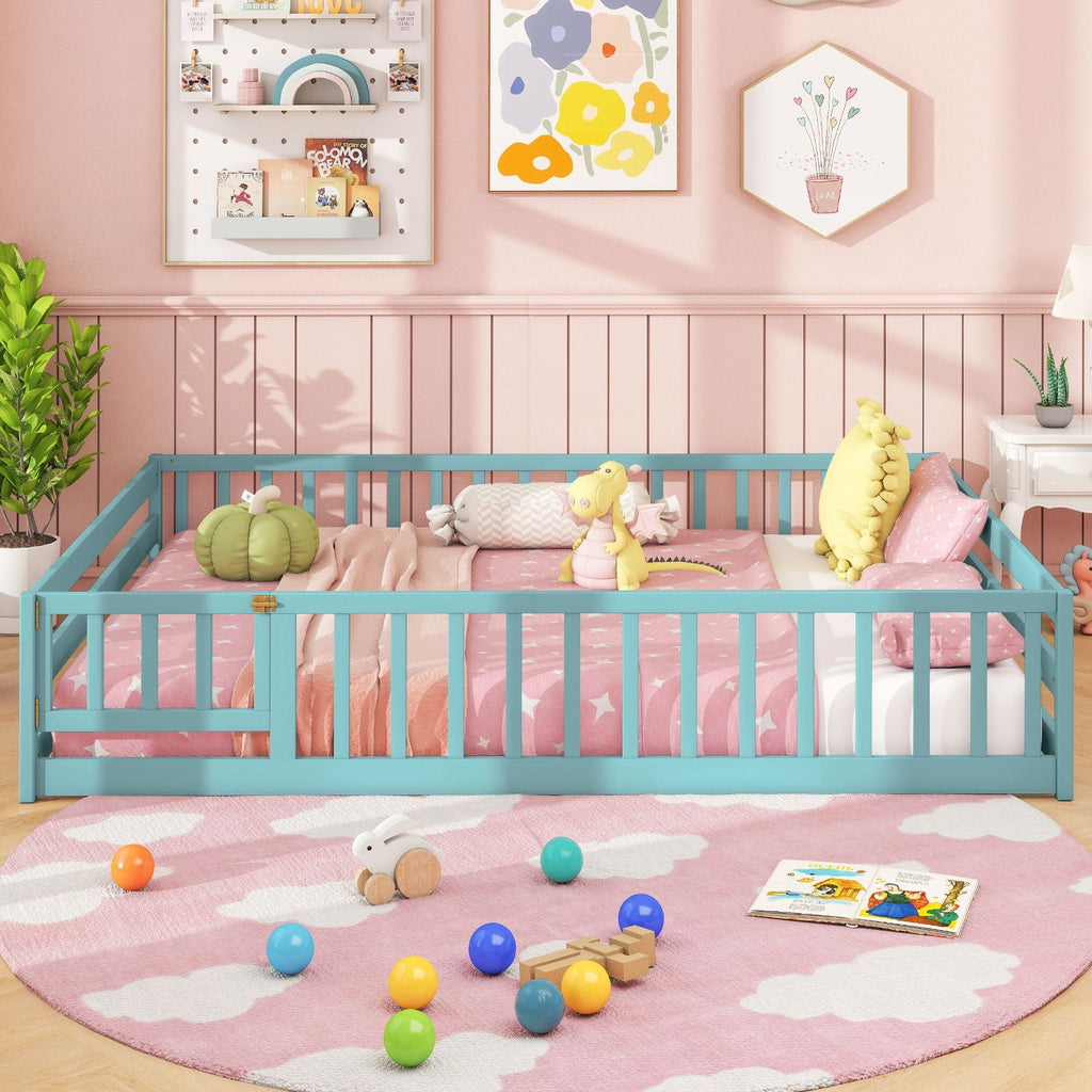 Montessori Full Size Floor Bed with Full-Length Safety Guardrails – Solid Wood Kids Bed Frame with Lockable Door