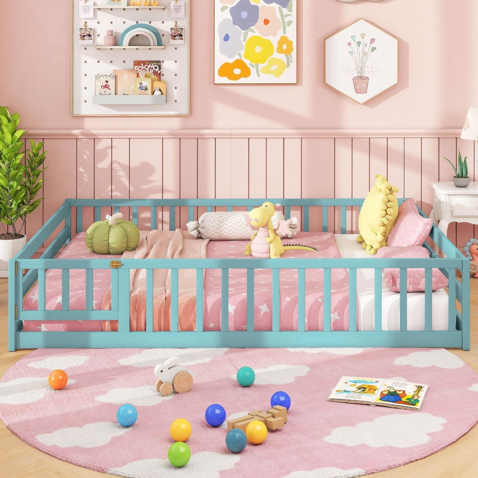 Montessori Full Size Floor Bed with Full-Length Safety Guardrails – Solid Wood Kids Bed Frame with Lockable Door