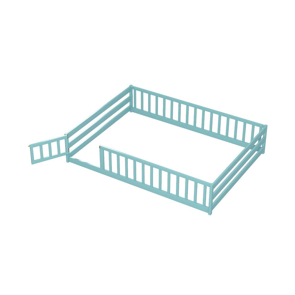 Montessori Full Size Floor Bed with Full-Length Safety Guardrails – Solid Wood Kids Bed Frame with Lockable Door